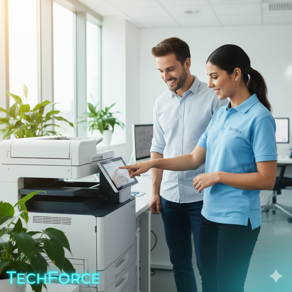 A technician servicing an office printer